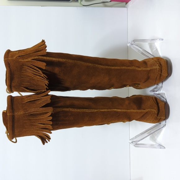 Minnetonka Tall Fringe front Lace suede Pocahontas boots womans size 7 - Picture 5 of 12